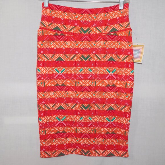 Lularoe Cassie Womens S Orange Red Geometric Pattern Body Con Pencil Skirt NEW - Picture 1 of 6